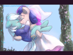 Size: 1024x768 | Tagged: safe, artist:grissaecrim, derpibooru import, bon bon, lyra heartstrings, sweetie drops, earth pony, pony, unicorn, g4, the last problem, clothes, crying, dress, duo, female, happy birthday mlp:fim, horn, kiss on the lips, kissing, lesbian, lyrabon, mare, mlp fim's ninth anniversary, shipping, tears of joy, tuxedo, wedding dress