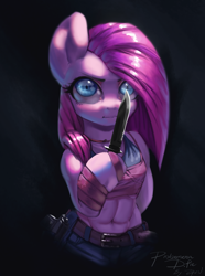 Size: 1024x1373 | Tagged: safe, artist:theprince, derpibooru import, pinkie pie, earth pony, semi-anthro, g4, arm hooves, caveira, commission, crossover, dark side, female, gun, handgun, knife, muscles, pinkamena diane pie, pistol, solo, weapon