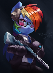 Size: 800x1101 | Tagged: safe, artist:theprince, derpibooru import, rainbow dash, pegasus, pony, g4, bipedal, clothes, cosplay, costume, crossover, female, glasses, gloves, gun, headphones, mare, necktie, pants, rainbow six, rainbow six siege, shirt, shotgun, solo, suit, warden, watch, weapon, wristwatch