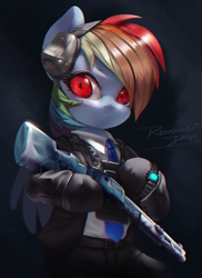 Size: 800x1101 | Tagged: safe, alternate version, artist:theprince, derpibooru import, rainbow dash, pegasus, pony, fanfic:rainbow factory, g4, bipedal, clothes, cosplay, costume, crossover, fanfic art, female, gloves, gun, headphones, mare, necktie, pants, rainbow factory dash, rainbow six, rainbow six siege, shirt, shotgun, solo, suit, warden, watch, weapon, wristwatch