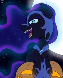 Size: 1652x2048 | Tagged: safe, artist:eltrash_art6, derpibooru import, nightmare moon, alicorn, pony, g4, fangs, female, full moon, halloween, helmet, holiday, hoof shoes, jack-o-lantern, jewelry, mare, mlp fim's fourteenth anniversary, moon, nightmare night, open mouth, pumpkin, regalia, solo