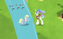 Size: 923x572 | Tagged: safe, derpibooru import, derpy hooves, princess celestia, alicorn, pegasus, pony, g4, bag, clothes, eyes closed, female, folded wings, gameloft, gameloft shenanigans, hawaiian shirt, horn, looking at someone, mare, mobile game, my little pony: magic princess, open mouth, open smile, outdoors, raised hoof, raised leg, saddle bag, shirt, smiling, wings