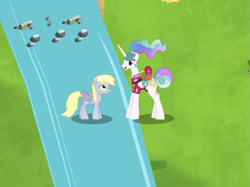 Size: 739x552 | Tagged: safe, derpibooru import, derpy hooves, princess celestia, alicorn, pegasus, pony, g4, bag, clothes, female, folded wings, gameloft, gameloft shenanigans, hawaiian shirt, horn, looking at each other, looking at someone, mare, mobile game, my little pony: magic princess, open mouth, open smile, outdoors, saddle bag, shirt, smiling, walking on water, wings