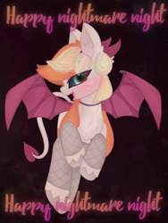 Size: 2664x3551 | Tagged: safe, artist:sodapop sprays, derpibooru import, oc, oc only, oc:sodapop sprays, demon, pony, succubus, clothes, fishnet clothing, fishnet stockings, horn, looking at you, nephilim, nightmare night, solo, stockings, thigh highs