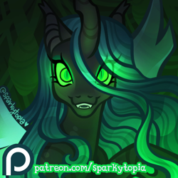 Size: 1200x1200 | Tagged: safe, artist:sparkytopia, derpibooru import, queen chrysalis, changeling, changeling queen, g4, advertisement, female, glowing, glowing eyes, looking at you, mare, patreon, patreon link, patreon preview, patreon reward, sharp teeth, signature, smiling, solo, teeth