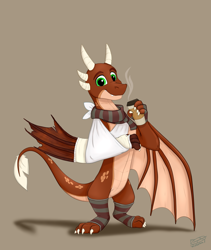 Size: 1800x2137 | Tagged: safe, artist:rutkotka, derpibooru import, oc, oc only, oc:ash, dragon, bandage, broken bone, broken wing, brown background, cast, claws, clothes, coffee, colored wings, commission, dragon oc, dragonified, gloves, injured, leg warmers, non-pony oc, nonbinary, scarf, simple background, sling, smiling, solo, species swap, striped leg warmers, striped scarf, tail, wings, wyvern