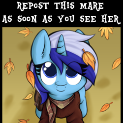 Size: 990x990 | Tagged: safe, artist:aaathebap, derpibooru import, minuette, unicorn, g4, autumn, cute, female, horn, leaves, looking at you, looking up, mare, meme, solo