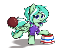 Size: 4000x3000 | Tagged: safe, artist:aaathebap, derpibooru import, oc, oc only, pegasus, pony, ball, basket, buckball, buckball uniform, buckbasket, bushel basket, female, filly, foal, looking at you, pigtails, ponytail, simple background, smug, solo, spread wings, white background, wing hold, wings