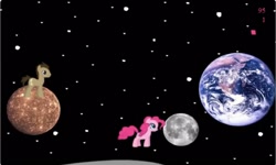 Size: 1252x750 | Tagged: safe, derpibooru import, doctor whooves, pinkie pie, earth pony, g4, collect cupcakes lick ponies, earth, female, flash game, male, moon, planet, space, stars, youtube link