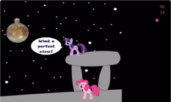 Size: 1252x750 | Tagged: safe, derpibooru import, pinkie pie, twilight sparkle, g4, collect cupcakes lick ponies, dialogue, female, flash game, moon, space, youtube link