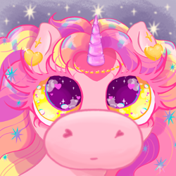 Size: 7087x7087 | Tagged: safe, artist:melassa, derpibooru import, oc, oc:melassa, alicorn, big eyelashes, big eyes, bust, close-up, closed mouth, detailed, eyelashes, gasoline stains, gold, golden eyes, heart, heart eyes, horn, jewelry, portrait, profile picture, sparkles, three toned mane, wingding eyes