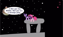 Size: 1252x750 | Tagged: safe, derpibooru import, pinkie pie, twilight sparkle, g4, blushing, collect cupcakes lick ponies, dialogue, female, flash game, lesbian, moon, shipping, space, twinkie