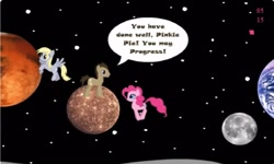 Size: 1251x750 | Tagged: safe, derpibooru import, derpy hooves, doctor whooves, pinkie pie, g4, collect cupcakes lick ponies, dialogue, earth, female, flash game, mars, moon, planet, space, stars