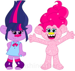 Size: 551x520 | Tagged: safe, artist:tealbull81, derpibooru import, part of a set, pinkie pie, twilight sparkle, equestria girls, g4, clothes, crossover, dress, duo, duo female, female, glitter troll, simple background, smiling, species swap, troll (fantasy), trollified, trolls, white background