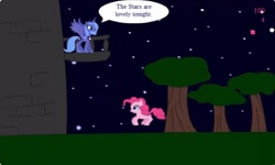 Size: 1250x750 | Tagged: safe, derpibooru import, pinkie pie, princess luna, alicorn, earth pony, g4, collect cupcakes lick ponies, dialogue, female, flash game, night, stars, tree, youtube link