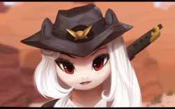 Size: 1188x743 | Tagged: safe, artist:dammmnation, artist:nagathesiren, artist:pechastan, derpibooru import, pony, ashe (overwatch), cowboy hat, female, gun, hat, looking at you, mare, overwatch, ponified, solo, species swap, weapon