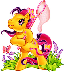 Size: 250x282 | Tagged: safe, derpibooru import, scootaloo (g3), butterfly, earth pony, pony, g3, bipedal, butterfly net, cute, dexterous hooves, female, flower, g3 cutealoo, grass, hoof heart, mare, open mouth, open smile, plant, simple background, smiling, solo, underhoof, white background, wisteria