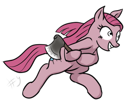 Size: 1055x858 | Tagged: safe, artist:uis, derpibooru import, pinkie pie, earth pony, pony, axe, bipedal, female, flat mane, mare, pinkamena diane pie, prpg, simple background, solo, weapon, white background