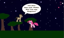 Size: 1252x750 | Tagged: safe, derpibooru import, doctor whooves, pinkie pie, earth pony, g4, collect cupcakes lick ponies, dialogue, female, flash game, male, night, tree, youtube link