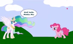 Size: 1252x750 | Tagged: safe, derpibooru import, pinkie pie, princess celestia, alicorn, earth pony, g4, collect cupcakes lick ponies, dialogue, female, flash game, youtube link