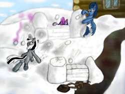 Size: 2048x1536 | Tagged: artist needed, source needed, safe, derpibooru import, twilight sparkle, oc, oc:badluck dice, oc:brightsky, pegasus, unicorn, female, glowing, glowing horn, horn, levitation, magic, mare, pegasus oc, prpg, snow, snow fort, snowball, telekinesis, unicorn oc