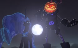 Size: 1280x800 | Tagged: safe, artist:darrtaa, derpibooru import, nightmare moon, alicorn, pony, undead, 3d, axe, crossover, duo, duo male and female, female, full moon, gmod, grin, horseless headless horsemann, male, mare, missing accessory, moon, no armor, scream fortress, smiling, team fortress 2, weapon