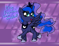 Size: 2653x2044 | Tagged: safe, artist:background basset, derpibooru import, princess luna, alicorn, pony, abstract background, dialogue, mlp fim's fourteenth anniversary, open mouth, solo, spread wings, text, wings