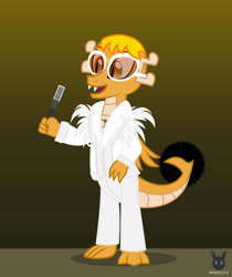 Size: 1189x1416 | Tagged: safe, artist:wheatley r.h., derpibooru exclusive, derpibooru import, oc, oc only, oc:myoozik the dragon, dragon, dragon oc, elton john, glasses, gradient background, jewelry, microphone, necklace, non-pony oc, simple background, single panel, solo, tooth necklace, vector, watermark