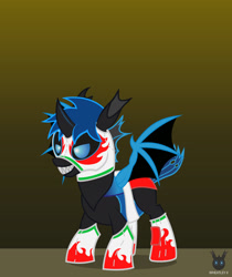 Size: 1189x1416 | Tagged: safe, artist:wheatley r.h., derpibooru exclusive, derpibooru import, oc, oc only, oc:w. rhinestone eyes, changeling, bat wings, changeling oc, gradient background, grin, honeypot changeling, luchador, male, mask, sharp teeth, simple background, single panel, smiling, spread wings, stallion, teeth, vector, watermark, wings