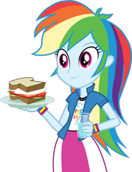 Size: 2705x3500 | Tagged: safe, artist:octosquish7260, derpibooru import, rainbow dash, human, equestria girls, g4, arms, bread, breakfast, breasts, bust, cheese, clothes, collar, cute, dashabetes, egg (food), egg sandwich, eyelashes, female, feminism, fingers, food, fried egg, glass, glass of water, hand, happy, holding, lettuce, long hair, open clothes, open sweatshirt, plate, rainbow dash is best human, rainbow sass, sandwich, short sleeves, simple background, skirt, slender, sliced cheese, smiling, solo, standing, sweatshirt, t-shirt, teenager, thin, tomato, transparent background, water, wristband