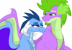 Size: 2935x2044 | Tagged: safe, artist:colourstrike, derpibooru import, princess ember, spike, dragon, g4, gauntlet of fire, bedroom eyes, eye contact, female, looking at each other, looking at someone, male, older, older spike, ship:emberspike, shipping, simple background, smiling, straight, white background, winged spike, wings