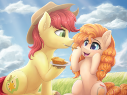 Size: 1024x768 | Tagged: safe, artist:novaintellus, derpibooru import, bright mac, pear butter, earth pony, pony, g4, apple, apple pie, brightabetes, brightbutter, cute, female, food, male, mare, mouth hold, pearabetes, picnic, pie, scenery, shipping, sitting, smiling, stallion, straight