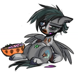 Size: 1106x1038 | Tagged: safe, artist:doodlesinky, derpibooru import, oc, oc only, oc:inky doodles, pegasus, candy, chocolate, disoriented, dizzy, food, food coma, halloween, halloween 2024, holiday, messy, messy eating, messy mane, nightmare night, nonbinary, simple background, solo