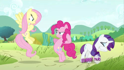 Size: 1280x720 | Tagged: safe, derpibooru import, screencap, fluttershy, pinkie pie, rarity, earth pony, pegasus, unicorn, g4, putting your hoof down, bipedal, horn, hub logo, logo, the hub