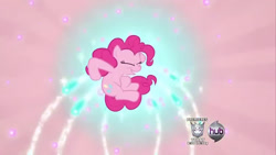 Size: 1280x720 | Tagged: safe, derpibooru import, screencap, pinkie pie, earth pony, a friend in deed, g4, female, fireworks, hub logo, logo, solo, the hub