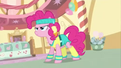 Size: 1280x720 | Tagged: safe, derpibooru import, screencap, pinkie pie, earth pony, baby cakes, g4, exercise, female, outfit, solo