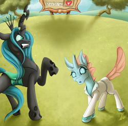 Size: 2480x2454 | Tagged: safe, artist:jamescorck, derpibooru import, ocellus, queen chrysalis, changedling, changeling, g4, clothes