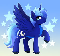 Size: 2676x2509 | Tagged: safe, artist:emera33, derpibooru import, oc, oc only, oc:night sky (polak23), alicorn, pony, art trade, blue background, blue eyes, cute, gradient background, happy, horn, raised hoof, raised leg, sharp horn, simple background, smiling, solo, spread wings, stars, wings