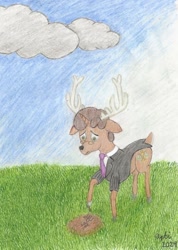 Size: 852x1196 | Tagged: safe, artist:opti, derpibooru import, oc, oc only, oc:fair use, deer, deer pony, hybrid, original species, cloud, drawing, grass, grass field, mud, sad, stick figure, traditional art, unideer