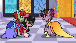 Size: 1770x1006 | Tagged: safe, artist:melspyrose, derpibooru import, draggle, reeka, oc, oc:violet harmony, fanfic:age of equestria, g1, age of equestria, clothes, cute, dragglebetes, dress, gala dress, grand galloping gala, happy, not twilight sparkle, smiling