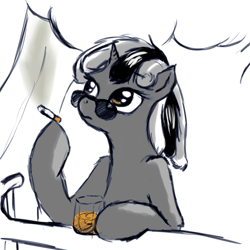 Size: 1024x1024 | Tagged: artist needed, source needed, safe, derpibooru import, oc, oc only, oc:badluck dice, unicorn, cigarette, female, glasses, horn, mare, prpg, smoking, solo, unicorn oc