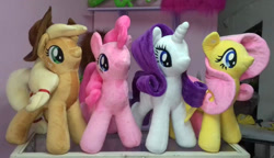 Size: 1065x612 | Tagged: safe, derpibooru import, applejack, fluttershy, pinkie pie, rarity, oc, original species, pony, commission, emergency, irl, photo, plush pony, plushie