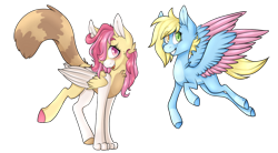 Size: 1280x707 | Tagged: safe, artist:furtoodie, derpibooru import, oc, oc only, oc:julie, oc:sunshine, hybrid, pegasus, pony, colored wings, female, height difference, long legs, mare, simple background, thin, transparent background, two toned wings, wings