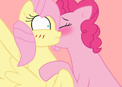 Size: 1014x728 | Tagged: safe, artist:jadeharmony, artist:shiroubases, derpibooru import, fluttershy, pinkie pie, earth pony, pegasus, pony, base used, blushing, cute, diapinkes, duo, eyes closed, female, flutterpie, kiss on the cheek, kissing, lesbian, mare, shipping, shrunken pupils, shyabetes, surprise kiss, surprised