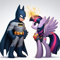 Size: 1024x1024 | Tagged: safe, ai content, derpibooru import, machine learning generated, twilight sparkle, twilight sparkle (alicorn), alicorn, human, pony, g4, batman, crossover, cute, dc comics, duo, duo male and female, female, male, prompter:bluey2309, superhero, twiabetes