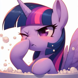 Size: 894x894 | Tagged: safe, ai content, derpibooru import, generator:bing image creator, generator:dall-e 3, machine learning generated, twilight sparkle, twilight sparkle (alicorn), alicorn, artificial intelligence, bathtub, blushing, bubble, cute, nose, one eye closed, pre sneeze, prompter:evergreenpinewood, rubbing, scratching, silly, sneezing, sniffling, twiabetes