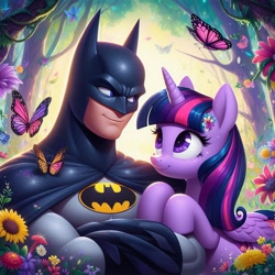 Size: 1024x1024 | Tagged: safe, ai content, derpibooru import, machine learning generated, twilight sparkle, twilight sparkle (alicorn), alicorn, butterfly, human, pony, g4, batman, dc comics, female, flower, forest, male, nature, prompter:bluey2309, superhero, tree