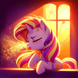 Size: 894x894 | Tagged: safe, ai content, derpibooru import, generator:bing image creator, generator:dall-e 3, machine learning generated, sunset shimmer, pony, g4, backlighting, blushing, cute, eyes closed, lighting, messy, mucus, open mouth, prompter:evergreenpinewood, shadows, sneeze cloud, sneezing, snot, spit, spray, sunlight, sunshine