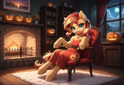 Size: 5568x3840 | Tagged: safe, ai content, derpibooru import, generator:pony diffusion v6 xl, generator:stable diffusion, machine learning generated, sunset shimmer, pony, semi-anthro, unicorn, g4, bipedal, chair, clothes, dress, female, fluffy, halloween, holiday, horn, indoors, jack-o-lantern, mare, prompter:gregorymars, pumpkin, red dress, sitting, solo