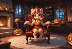 Size: 5568x3840 | Tagged: safe, ai content, derpibooru import, generator:pony diffusion v6 xl, generator:stable diffusion, machine learning generated, sunset shimmer, pony, semi-anthro, unicorn, g4, bipedal, chair, clothes, dress, female, fluffy, halloween, holiday, horn, indoors, jack-o-lantern, mare, prompter:gregorymars, pumpkin, red dress, sitting, solo